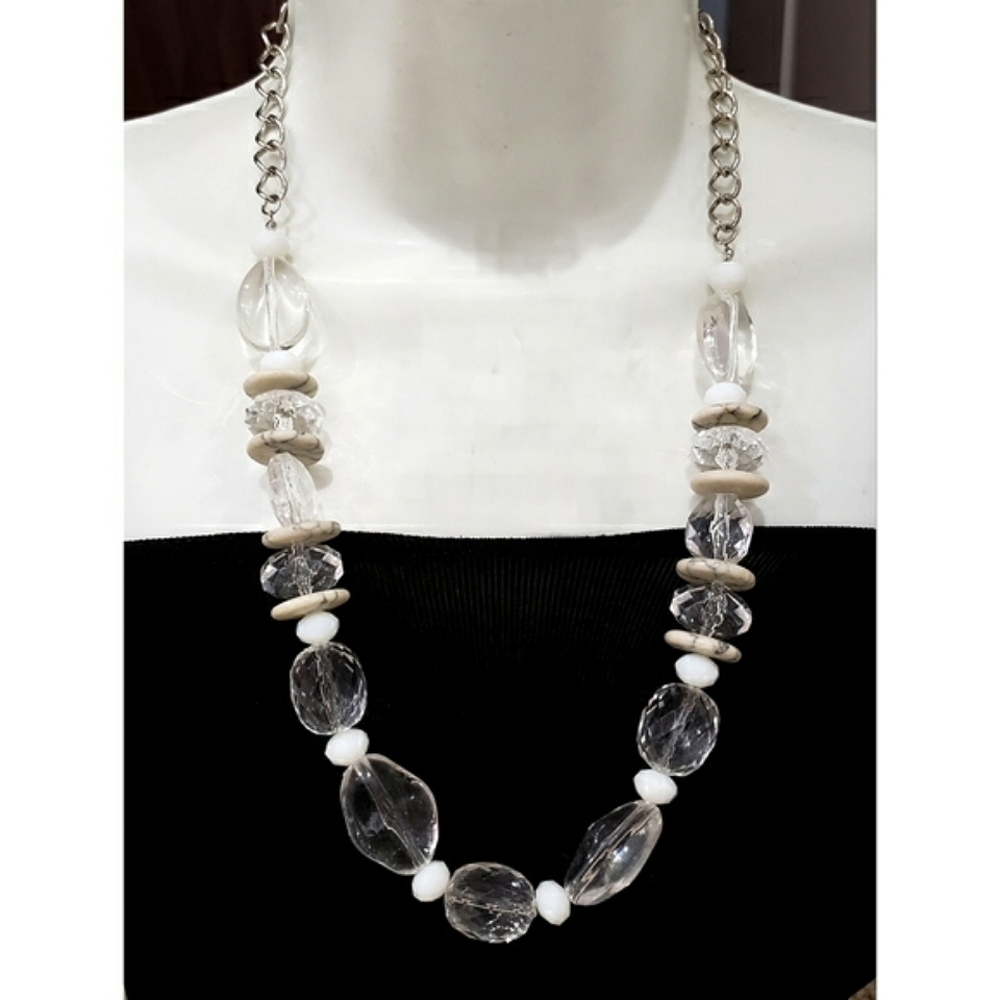 NEW Large Beads Crystal Statement Necklace & Earrings Set Silver Tone